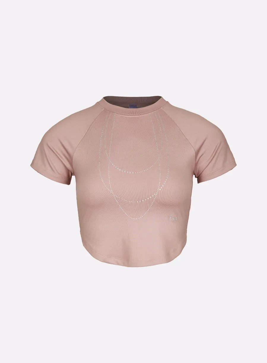 레르 네크리스 래글런 글리터 티셔츠 로지브라운