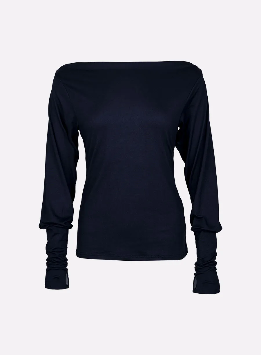 레르 백 슬릿 보트 넥 티셔츠 네이비