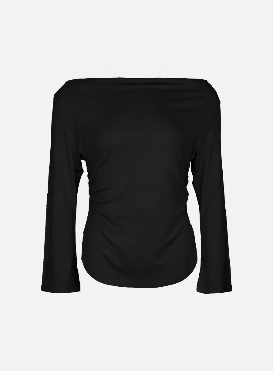 레르 보트 넥 세미 크롭 슬리브 티셔츠 블랙