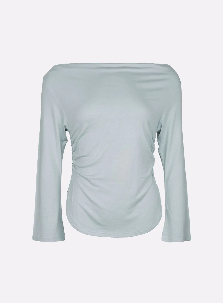 레르 보트 넥 세미 크롭 슬리브 티셔츠 스카이블루